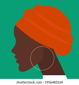 Vektorminimalistische flache Design-Illustration eines weiblichen Profils mit dunkler Haut und einem Turban auf ihrem Kopf in trendigen Kontrastfarben. kann in verschiedenen Arten von Werbung, Plakaten, Bannern verwendet werden