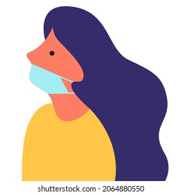 vector minimalist flat design woman portrait with medical mask on her face. useful for pictures of quarantine restrictions, wearing medical masks during covid quarantine, vaccinations, social distance