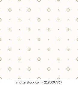 Vector minimalist floral background. Simple golden geometric seamless pattern with tiny flower silhouettes, small stars, crosses. Luxury gold and white abstract texture. Repeat modern minimal design