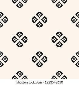 Vector minimalist floral geometric seamless pattern. Simple monochrome texture with small curved shapes, flower silhouettes, petals, leaves. Abstract minimal black and white background. Repeat design