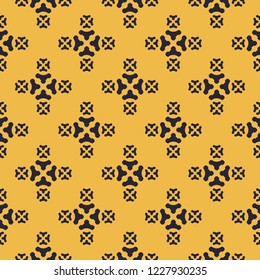 Vector minimalist floral geometric seamless pattern. Simple colorful texture with small curved shapes, flower silhouettes. Abstract minimal background in yellow and black colors. Modern repeat design