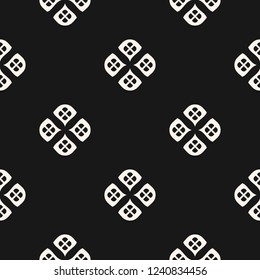 Vector minimalist floral geometric seamless pattern. Simple monochrome texture with small curved shapes, flower silhouettes, petals, leaves. Abstract black and white background. Dark repeated design