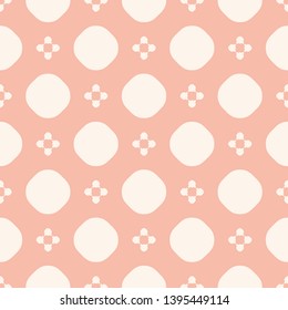 Vector minimalist floral geometric seamless pattern. Simple abstract texture with small flowers, dots, circles. Subtle pink and beige background. Cute repeat design for decoration, textile, wallpapers