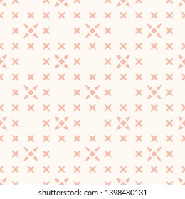 Vector minimalist floral geometric seamless pattern. Simple abstract texture with small flowers, crosses, stars. Subtle pink and beige background. Repeated design for decor, wallpaper, fabric, cloth