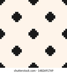 Vector minimalist floral geometric seamless pattern. Simple black and white texture with small crosses, squares, flower silhouettes. Pixel art background. Subtle monochrome minimal repeating design