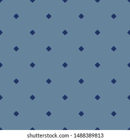 Vector minimalist floral geometric seamless pattern. Simple texture with small crosses, squares, flower silhouettes, dots. Pixel art background. Navy and blue color. Elegant minimal repeatable design