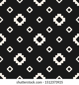 Vector minimalist floral geometric seamless pattern. Simple black and white repeat texture with small crosses, squares, flower silhouettes. Pixel art background. Ethnic motif. Monochrome repeat design