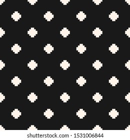 Vector minimalist floral geometric seamless pattern. Simple black and white texture with small squares, dots, flower silhouettes. Monochrome pixel art background. Subtle minimal dark repeat design