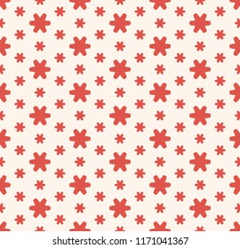 Vector minimalist floral seamless pattern. Simple abstract texture with small geometric flowers, snowflakes, stars. Cute vintage background in red and white colors. Repeatable design for decor, print