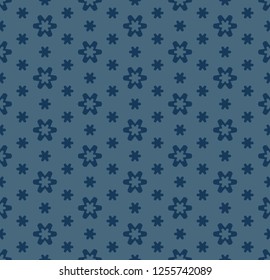 Vector minimalist floral seamless pattern. Simple abstract texture with small geometric flowers, snowflakes, stars. Subtle deep blue colored background. Repeat design for decor, cloth, wallpapers