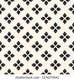 Vector minimalist floral seamless pattern. Black and white abstract geometric background with simple small flowers, petals, leaves. Elegant monochrome ornament texture. Minimal repeatable design 