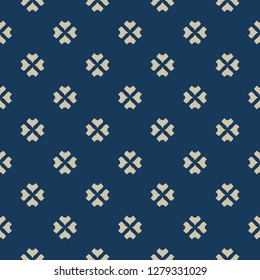 Vector minimalist floral seamless pattern. Abstract deep blue and gold geometric texture with small curved shapes, flowers, petals, leaves. Elegant golden background. Luxury minimal repeated design