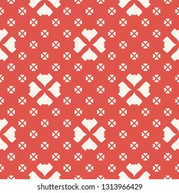 Vector minimalist floral seamless pattern. Simple geometric texture in terracotta red and beige color. Abstract minimal graphic background. Vintage ornament with small flowers, crosses. Repeat design
