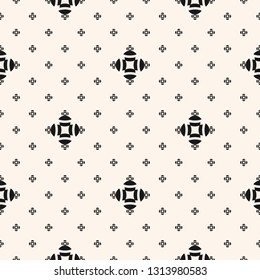 Padrão floral sem costura minimalista do vetor. Textura geométrica mínima simples. Fundo gráfico abstrato em preto e branco. Ornamento monocromático sutil com pequenas flores, cruzes, pontos. Design repetido