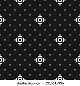 Vector minimalist floral seamless pattern. Simple minimal geometric texture. Black and white abstract graphic background. Subtle monochrome ornament with small flowers, dots. Dark repeating design