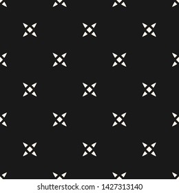 Vector minimalist floral seamless pattern. Simple black and white abstract geometric background with small flowers, crosses, stars. Subtle minimal monochrome ornament texture. Dark repeating design