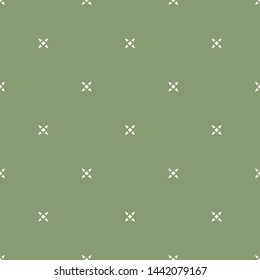 Vector minimalist floral seamless pattern. Simple green and beige abstract geometric background with small flowers, crosses, stars. Subtle minimal ornament texture. Natural organic repeated design