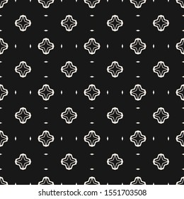 Vector minimalist floral seamless pattern. Simple minimal geometric texture. Black and white abstract graphic background. Monochrome ornament with small flowers, diamonds, stars. Dark repeat design