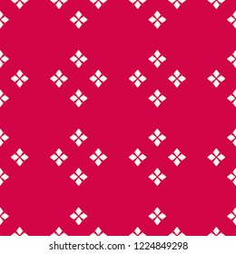 Vector minimalist floral texture. Simple red and white geometric seamless pattern with small flower shapes, petals, diamonds, rhombuses. Subtle abstract repeatable background. Ornate festive design