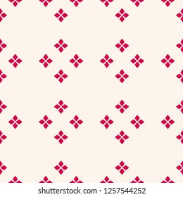 Vector minimalist floral texture. Simple red and white geometric seamless pattern with small flower shapes, petals, diamonds, rhombuses. Subtle abstract background. Repeat design for decoration, print