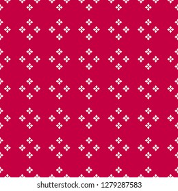 Vector minimalist floral texture. Simple red and white geometric seamless pattern with small flower shapes, tiny petals, diamonds, rhombuses. Subtle abstract repeat background. Ornate festive design