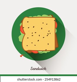 Vector minimalist food icon. Sandwich with tomatoes, lettuce, sesame seeds, cucumbers.  Toast in a flat style, office snack.