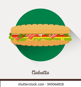 Vector minimalist food icon. Sandwich with tomatoes, lettuce, bacon, cheese, cucumbers. Panini in a flat style. Office Lunch snack