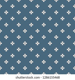 Vector minimalist geometric floral pattern. Simple abstract seamless texture with small flowers, crosses. Deep blue and beige ornament background. Minimal repeat design for decor, textile, furniture