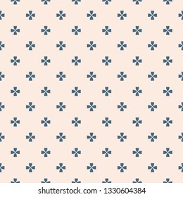 Vector minimalist geometric floral pattern. Simple abstract seamless texture with small flowers, crosses. Blue and beige ornament background. Minimal repeat design for decor, furniture, wallpapers
