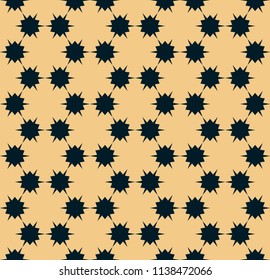 Vector minimalist geometric floral seamless pattern. Abstract background in tan and teal colors. Graphic texture with tiny flower shapes, hexagons, small elements. Repeat ornamental decorative design 
