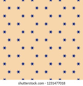 Vector minimalist geometric floral seamless pattern. Abstract background in deep blue and tan colors. Graphic texture with tiny flower shapes, stars, snowflakes, small elements. Repeat ornament design