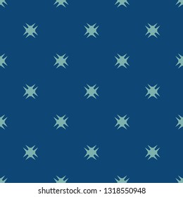 Vector minimalist geometric pattern. Simple abstract seamless texture with small crosses, stars, flowers. Navy blue and turquoise color. Minimal repeated background. Design for decor, textile, cloth