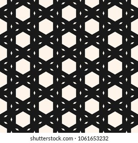 Vector minimalist geometric seamless pattern. Abstract monochrome texture with hexagons and small rhombuses. Simple black and white geometry ornament. Minimal repeat background. Stylish dark design