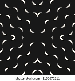 Vector minimalist geometric seamless pattern with small wavy shapes, curved lines. Simple abstract monochrome texture with concentric waves. Modern black and white background. Dark repeat design