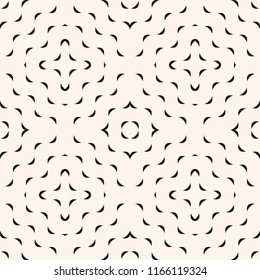 Vector minimalist geometric seamless pattern with small wavy shapes, curved lines. Simple abstract monochrome texture with concentric waves. Black and white background. Stylish modern minimal design