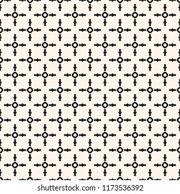 Vector minimalist geometric seamless pattern with small circles, crosses, dots, rings. Simple abstract black and white background. Monochrome repeating texture. Modern design for print, fabric, cloth
