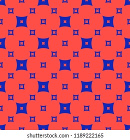 Vector minimalist geometric seamless pattern with squares. Colorful funky style texture. Trendy bright colors, red and electric blue. Retro 1980-1990's fashion background. Repeating minimal design