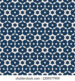 Vector minimalist geometric seamless pattern. Simple texture with small stars, floral shapes, grid, net. Abstract minimal background in deep blue and pale pink colors. Subtle repeat decorative design 