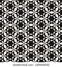 Vector minimalist geometric seamless pattern. Simple black and white texture with grid, net, mesh, lathing, stars, diamond shapes. Abstract monochrome background. Repeatable design for decor, prints
