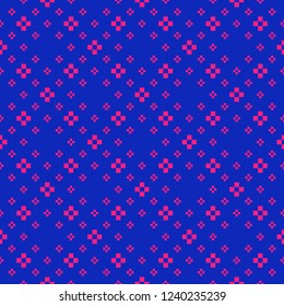 Vector minimalist geometric seamless pattern with small crosses, squares, flower silhouettes. Stylish texture in bright colors, electric blue and magenta. Simple abstract minimal repeat background