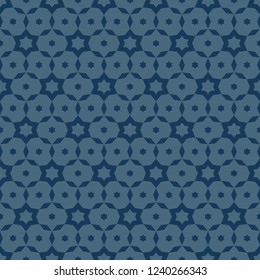 Vector minimalist geometric seamless pattern. Simple deep blue texture with small stars, floral shapes, grid, net, lattice. Abstract minimal background. Subtle repeatable design for decor, covers