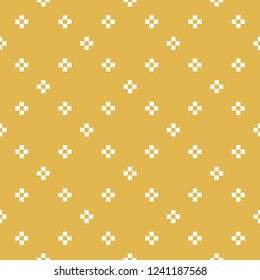 Vector minimalist geometric seamless pattern. Simple abstract texture with small crosses, flower silhouettes in square grid. Mustard yellow and white minimal background. Pixel art. Repeatable design