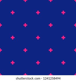 Vector minimalist geometric seamless pattern with small crosses, squares, flower silhouettes. Texture in dark blue and magenta color. Simple abstract minimal repeated background. Decorative design