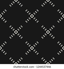 Vector minimalist geometric seamless pattern with crosses, small squares, fine grid, net, grill. Simple black and white minimal texture. Pixel art background. Stylish dark monochrome repeated design