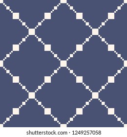 Vector minimalist geometric seamless pattern. Simple texture with grid, net, mesh, lattice, squares, rhombuses, repeat tiles. Abstract dark blue and white background. Minimal design for decor, fabric