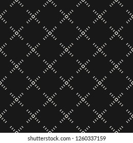 Vector minimalist geometric seamless pattern with small crosses, squares, delicate grid, net, grill. Simple black and white minimal texture. Pixel art background. Dark monochrome repeatable design