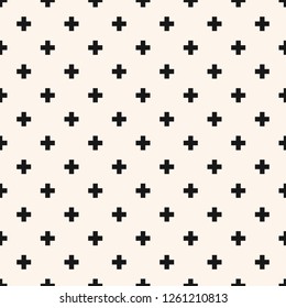 Vector minimalist geometric seamless pattern with small crosses, squares, flower shapes. Simple minimal black and white texture. Pixel art background. Monochrome repeating design for decor, wrapping