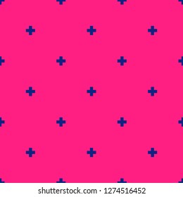 Vector minimalist geometric seamless pattern with small crosses, squares, flower silhouettes. Texture in bright colors, blue and magenta. Simple abstract minimal repeat background. Funky style design