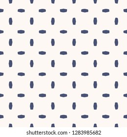 Vector minimalist geometric seamless pattern. Navy blue and white abstract texture with small scattered ovate shapes, polka dots, crosses. Modern minimal background. Repeat design for decor, wrapping