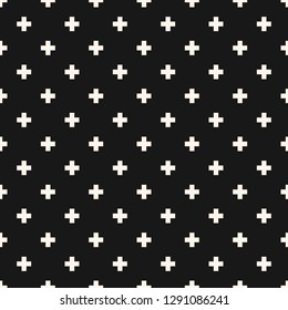 Vector minimalist geometric seamless pattern with small crosses, squares, flower shapes. Simple minimal black and white texture. Pixel art background. Dark monochrome repeat design for decor, covers